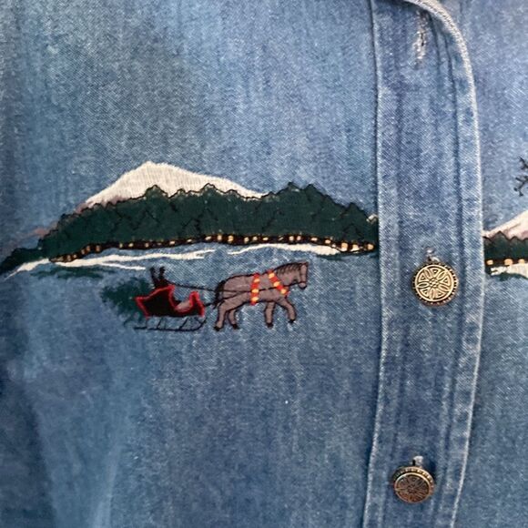 Bushwacker Denim Embroidered Shirt Winter Scene Size Medium - Picture 4 of 14